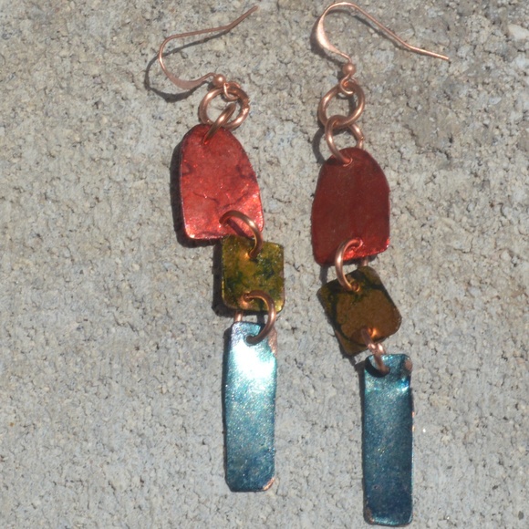 Primitive Brutalist Copper Earrings Boho Gift Chartreuse Festival Handmade - Picture 6 of 10